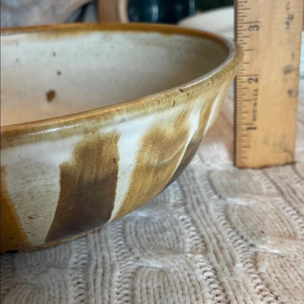 Glazed signed pottery bowl kiln fired beige/tans/browns